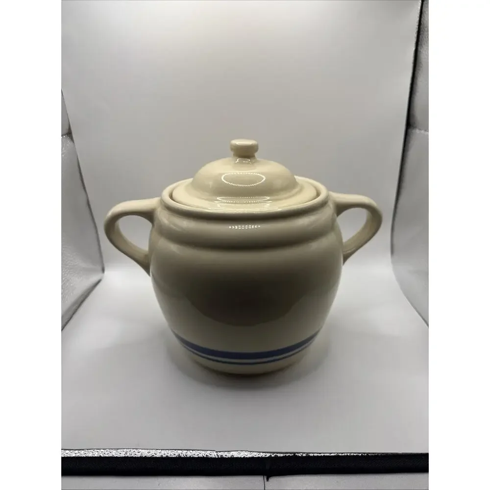 Vtg Roseville Friendship Pottery Bean Crock Pot / Cookie Jar 3 Qt. Blue Stripe